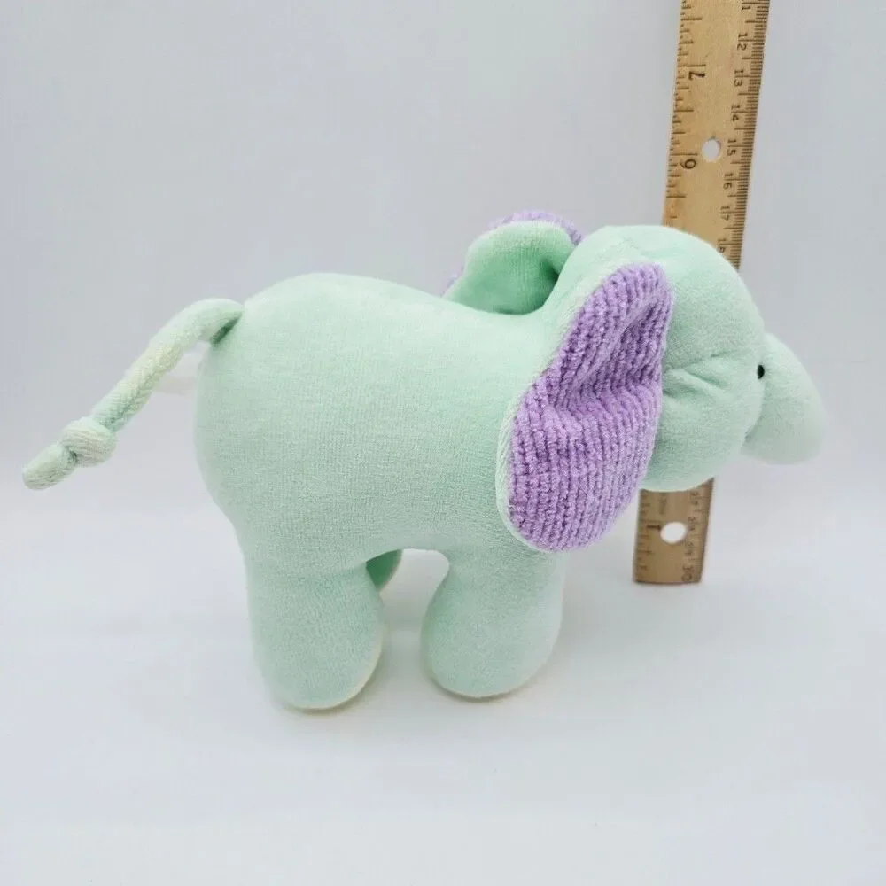 Oshkosh Vtg Green Elephant Baby Plush Toy Rattle Purple Crinkle Ears